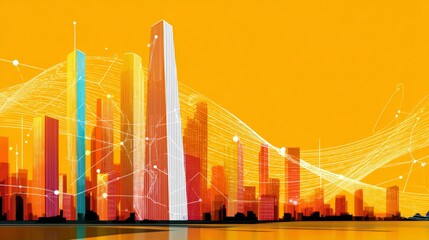 Obraz premium A stylized city skyline at sunset or sunrise, with tall buildings reaching towards a bright orange or yellow sky.