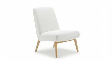 Fototapeta premium Modern low-backed upholstered accent chair rests on light wooden legs against a white background