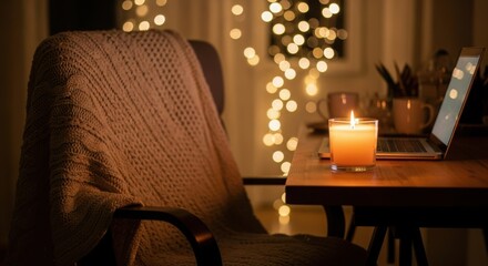 Cozy home office setup with a lit candle draped blanket and bokeh lights creating a warm and inviting atmosphere for relaxation and work
