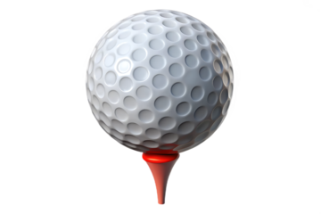 A close up studio shot of a white textured golf ball resting on a vibrant red golf tee against a stark black background