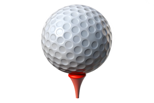 A close up studio shot of a white textured golf ball resting on a vibrant red golf tee against a stark black background