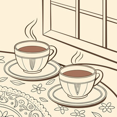 A romantic pattern with two cups of coffee, steam, and floral elements in a hand-illustrated style.