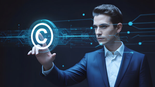 Professional businessman interacts with glowing copyright symbol on futuristic digital interface, securing intellectual property in modern tech environment