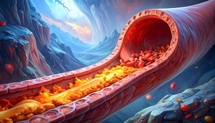 Cross-section anatomical illustration showing artery blockage with fatty deposits and blood flow in a stylized medical representation