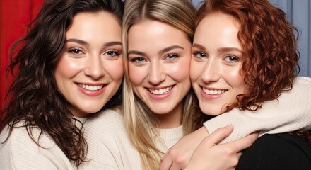 Three Smiling Young Women Embrace Together In A Photo Booth