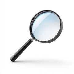 Magnifying glass for research and examination, detail shot. The magnifying glass lies on a clean surface, and has a sleek black handle