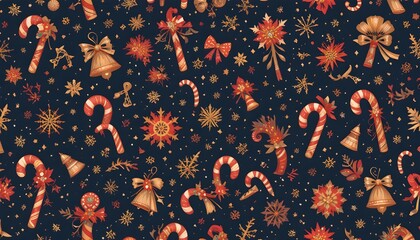 “Vector Christmas pattern with candy canes, snowflakes, stars, and bells — seamless design, red and gold tones.”