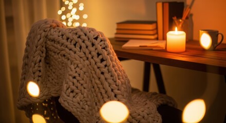 Cozy home office scene with a lit candle warm lighting and a knitted blanket draped over a chair creating a relaxing atmosphere