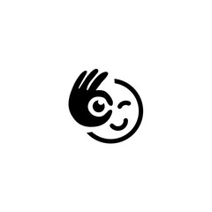 A fun, quirky logo combining a winking emoji face with a hand making an 