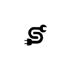 A clever, minimalist logo combining a stylized letter 'S' with a wrench and electrical plug. Perfect for repair, service, electrical, or automotive businesses. Smart and industrial.