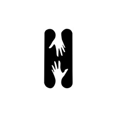 A minimalist vector logo featuring two hands reaching toward each other inside a bold vertical shape, symbolizing connection, unity, and mutual help in a modern style.