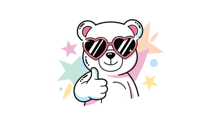 Fototapeta premium Adorable cartoon white bear wearing stylish heart-shaped pink sunglasses, giving a positive thumbs-up, set against a background of pastel stars and playful dots.