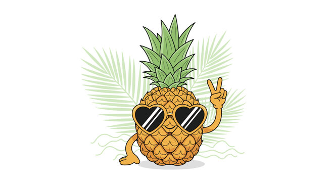 A fun cartoon pineapple with heart-shaped sunglasses makes a peace sign, radiating summer vacation vibes and coolness against a soft tropical leaf background.