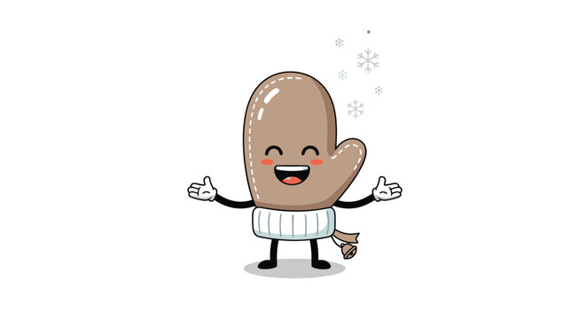 A cute, happy cartoon mitten with a joyful expression and arms open wide welcomes falling snowflakes, ready for winter fun and warmth.