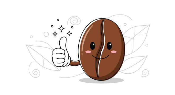 A cute and cheerful cartoon coffee bean character gives a thumbs-up, conveying approval and satisfaction, perfect for concepts related to good coffee and positive feedback.