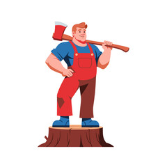 Woodsman with Axe Standing on Tree Stump Ready for Work