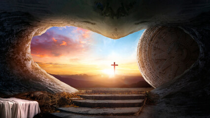 Tomb Empty With Shroud And Crucifixion At Sunrise - Resurrection Of Jesus Christ 
