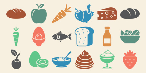 Solid filled food icon set featuring apple carrot bread cheese fish egg milk bottle and salad bowl with multiple color variations
