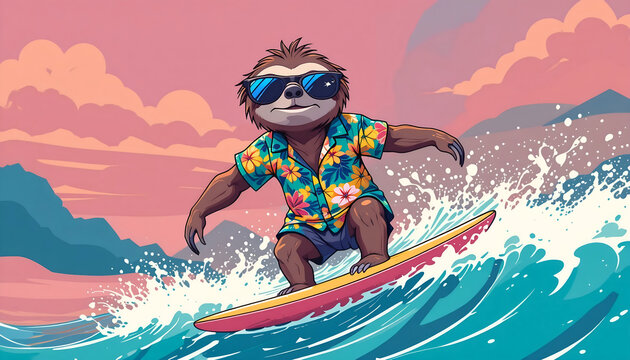 Funny cartoon sloth character wearing a Hawaiian shirt and sunglasses while surfing a large ocean wave against a vibrant pink and blue sunset sky, ideal for summer vacation promotion,