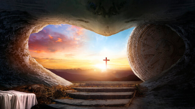 Fototapeta Tomb Empty With Shroud And Crucifixion At Sunrise - Resurrection Of Jesus Christ  