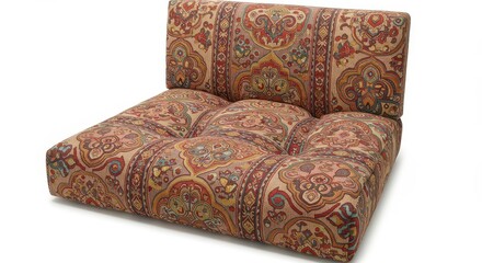 Tufted floor cushion features intricate paisley style upholstery pattern against a white background