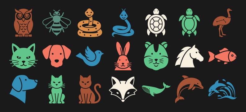 Charming solid filled animal tattoo icon set featuring cats dogs foxes whales dolphins owls snakes turtles and bees in multiple color variations on a black background
