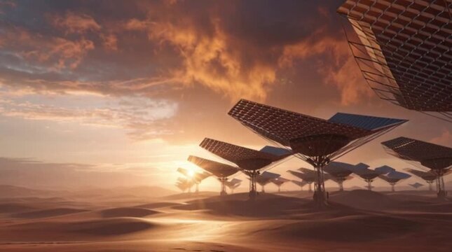Solar Panel Field Generating Clean Energy in the Desert Landscape with Sunset Scenery