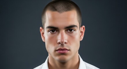 Young Man with Short Hair and Serious Expression