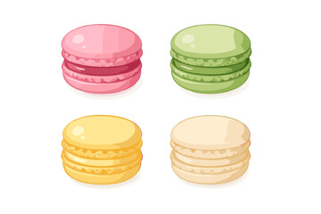 Colorful French macarons set in pink green yellow and cream isolated on white