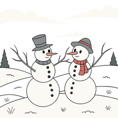 Two cute snowmen with carrot noses, wearing hats and scarves, stand on a snowy hill under falling snow.