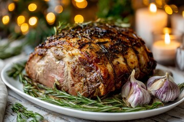 Roasted Garlic and Rosemary Lamb on white plate, surrounded by fresh rosemary and garlic cloves. Concept of cozy atmosphere, tender lamb roast with garlic and rosemary.