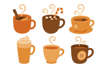 Collection of six cozy hot beverages in mugs including hot chocolate, spiced cider, and tea