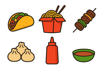 Popular international street food collection featuring taco, noodles, kebab, dumplings, and sauces