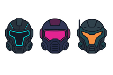 Three futuristic sci-fi combat helmets featuring glowing visors and dark armor designs