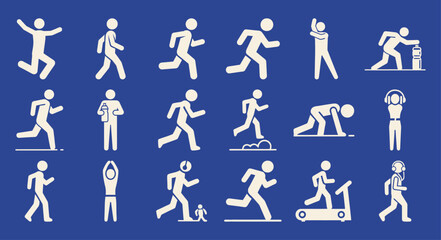 Solid filled runner activity icons in black and blue perfect for fitness apps sports events and health related digital designs