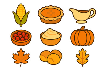 Traditional Autumn harvest and Thanksgiving dinner food symbols set