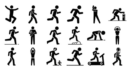 Comprehensive solid black runner icon set illustrating diverse running activities and sports performance for fitness and athletic design projects