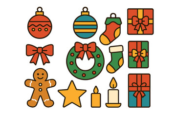 Assortment of traditional Christmas and winter holiday decorations like ornaments, gift boxes, wreath, stocking, and gingerbread cookie