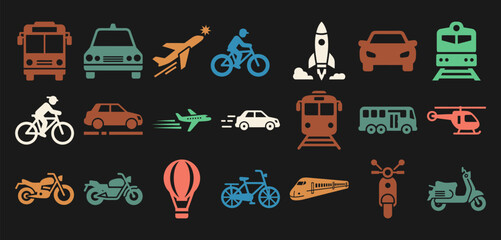 Comprehensive transportation icon set featuring car bicycle airplane and train in various vibrant colors against a dark background