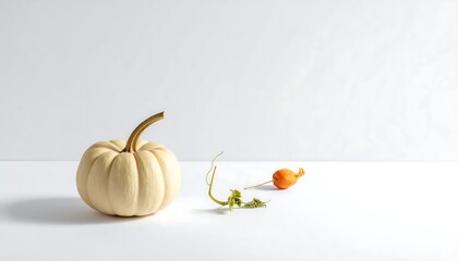 Minimalist Autumn Still Life with White Pumpkin and Gourds.