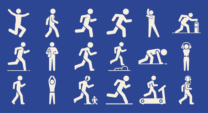 Solid filled runner activity icons in black and blue perfect for fitness apps sports events and health related digital designs