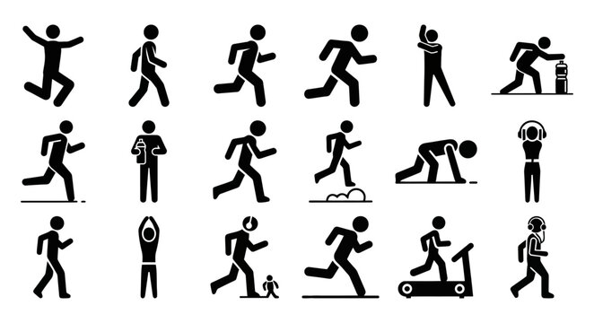 Comprehensive solid black runner icon set illustrating diverse running activities and sports performance for fitness and athletic design projects