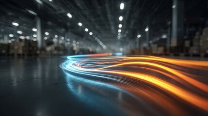 A warehouse view into the world's trade challenges. Information streams. Dynamic lighting highlights tariff impact in a warehouse. High-speed internet. Internet connectivity.