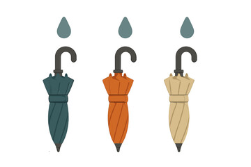 Three folded umbrellas in teal, orange, and beige with stylized rain drops