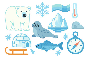 Naklejka premium Cute Arctic animals and cold climate elements including polar bear, seal, igloo, and iceberg