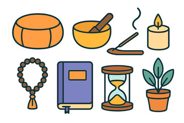 Spiritual and wellness objects collection featuring meditation cushion, prayer beads, candle, and sacred book