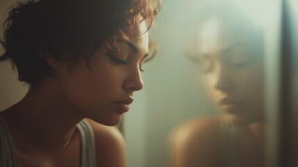 Fototapeta premium Crohn's and Colitis Awareness Week. A young woman looking into a mirror, her reflection showing faint glowing lines over her abdomen symbolizing Crohn’s and Colitis pain