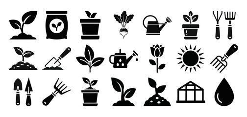 Solid filled icon set for greenhouse farming essentials featuring plants watering cans greenhouses seedlings and tools for agricultural design
