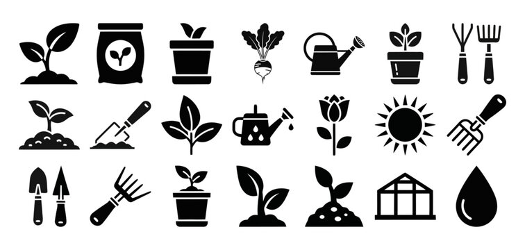 Solid filled icon set for greenhouse farming essentials featuring plants watering cans greenhouses seedlings and tools for agricultural design