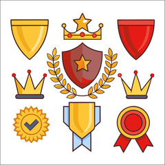 Obraz premium Set of nine flat design icons representing awards achievements and victory Keywords: trophy, award ribbon, medal, podium, scroll, winning, celebration cup, crown, flag, target, goal, champion 